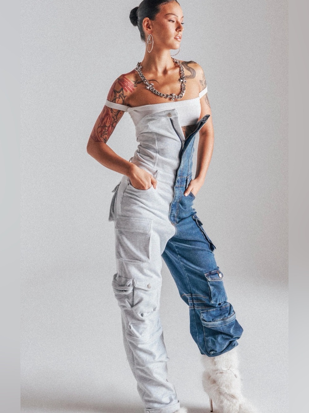 AKIRA Two-Tone Cargo half denim half sweat strapless jumpsuit size XL